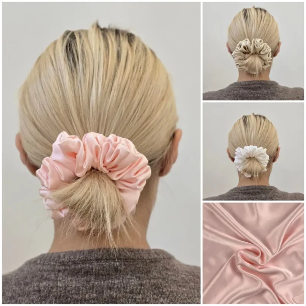 frotka satyna armani pudrowy róż, szampan, biel na blond włosach.
